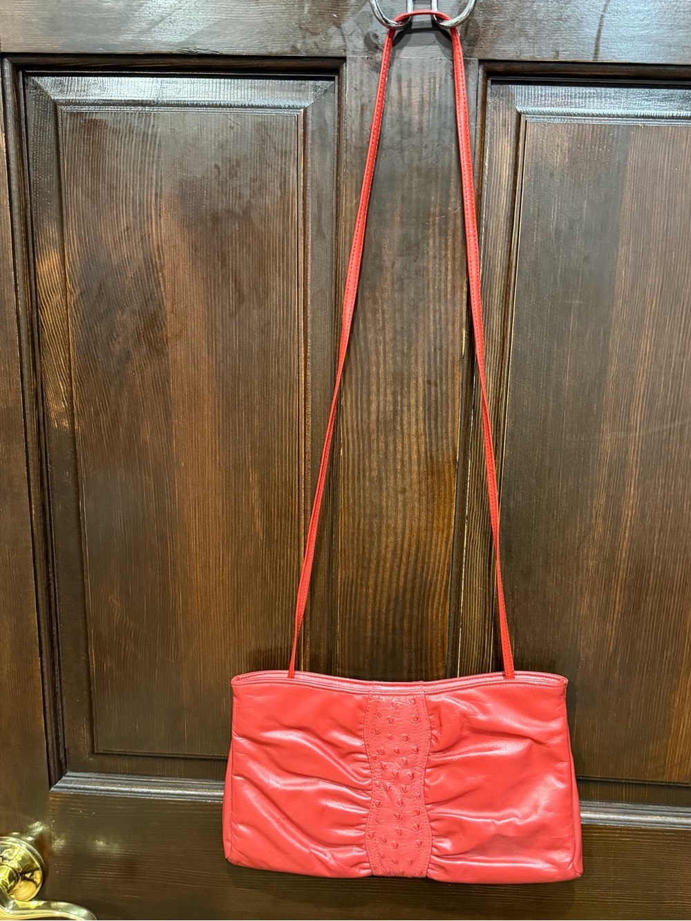 Vintage Mardane New York Red Leather and Ostrich Embossed Shoulder Bag Clutch